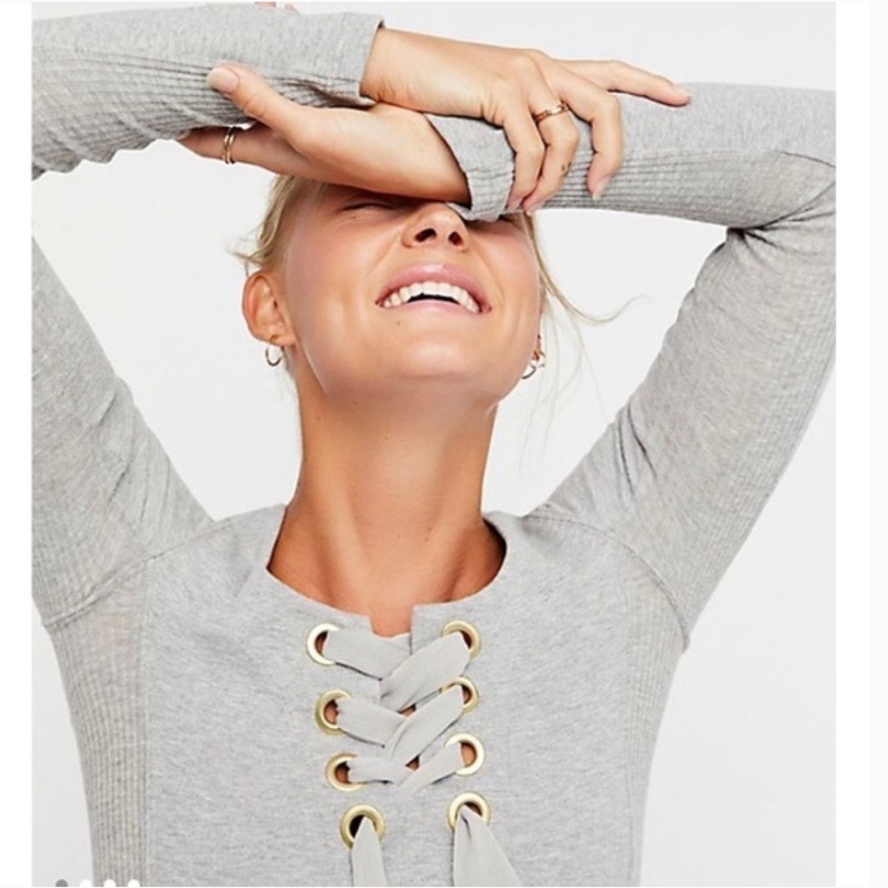 Free People Dove Gray Looking Back Lace Up Long Sleeve Top - Picture 14 of 16